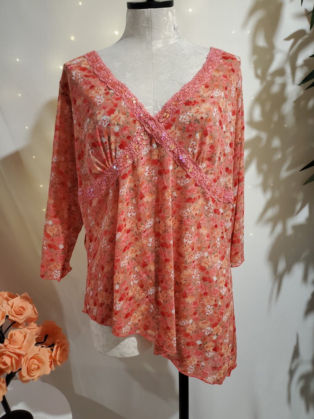 Vtg Y2K Self Esteem Womens Lace Trim Sequin Asymmetrical Babydoll Top 2X Fairy
